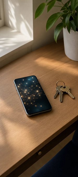 A smartphone displaying a glowing network graphic and a set of keys rest on a sunlit wooden table next to a potted plant.