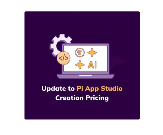 A purple graphic displays a laptop icon featuring code brackets, the Pi logo, sparkles, and "AI," alongside a gear symbol, with the text "Update to Pi App Studio Creation Pricing" beneath it. The image visually represents the Pi App Studio pricing changes referenced in the post about the tenfold fee increase and its implications for the Pi ecosystem's app development growth.