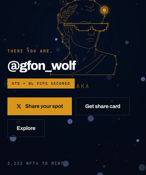 A digital NFT minting screen displaying the handle '@gfon_wolf' with the text 'THERE YOU ARE.', 'GTD + WL FCFS SECURED', and buttons for sharing or getting a share card, with '2,222 NFTs TO MINT' at the bottom.