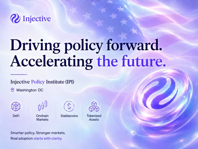 The image features a poster with an American flag at its center, promoting the Injective Policy Institute (IPI) and their work in driving policy forward for the future of finance. The poster includes text that reads "Driving policy forward. Accelerating the future." and "Injective Policy Institute (IPI) @ Washington DC". The image also shows a blue circle with a purple design, which is a symbol often associated with DeFi projects.