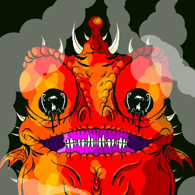 A vibrant, stylized digital illustration depicts a fierce, monstrous red and orange demon face with horns, glowing eyes, sharp fangs in a purple mouth, and gray smoke billowing behind it.