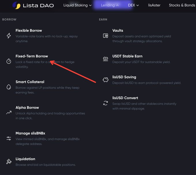 A screenshot of the Lista DAO platform showing lending options, with a red arrow pointing to 'Fixed-Term Borrow' under the BORROW section.