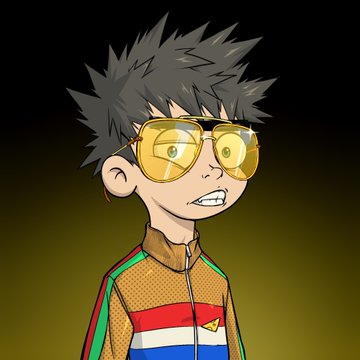 A stylized cartoon character with spiky black hair, yellow aviator sunglasses, and a colorful striped track jacket with a small flag emblem appears alongside a list of NFT/Web3 project tags. The anime-style avatar likely serves as the personal branding or mascot of the author curating NFT projects to watch.