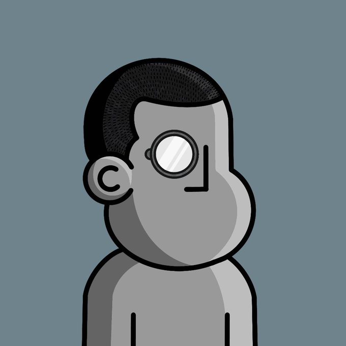 A stylized cartoon illustration of a man's profile in grayscale, wearing round glasses against a teal background.