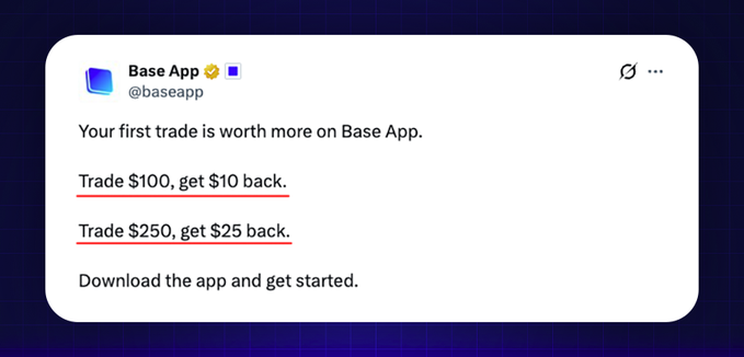 A tweet from Base App (@baseapp) promotes a new user offer where trading $100 earns $10 back or trading $250 earns $25 back, directly highlighting the two cashback promotions detailed in the accompanying post.