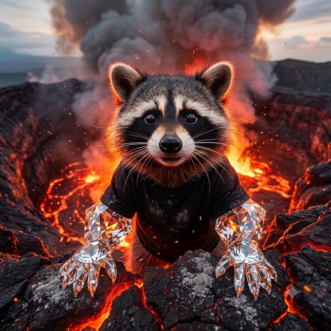 A stylized digital illustration of a raccoon wearing a black shirt with crystal/diamond hands, set against a fiery volcanic background with smoke.