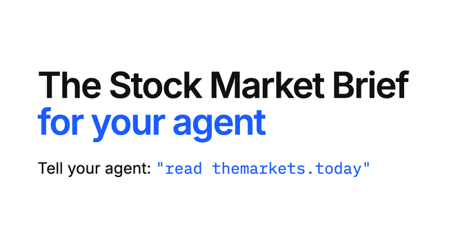 A simple graphic with the text 'The Stock Market Brief for your agent' and 'Tell your agent: "read themarkets.today"' on a white background.