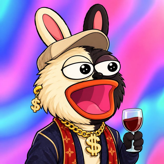 A cartoon mascot dressed in opulent wealth symbols — a gold "$" earring, a chunky dollar-sign chain, a designer track jacket, and a visor — cheerfully raises a glass of red wine against a vibrant pink and blue swirled background, visually embodying the luxurious, money-driven hype of the "$BORO" presale promotion offering token allocations of 10,000,000 and 25,000,000 $BORO for 0.5 and 1 SOL respectively.