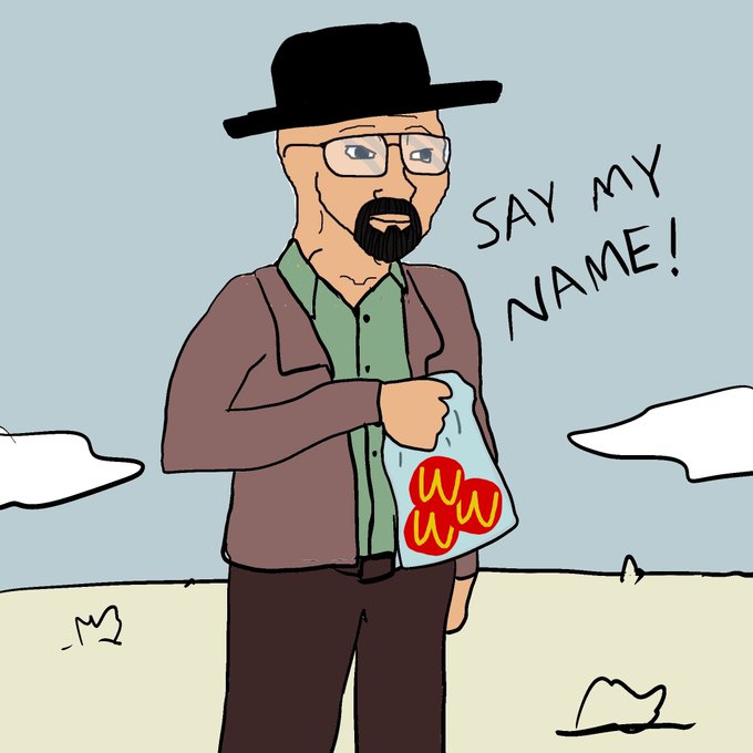 A cartoon depiction of Walter White from Breaking Bad holding a bag of Los Pollos Hermanos chicken, with the text 'SAY MY NAME!' beside him.