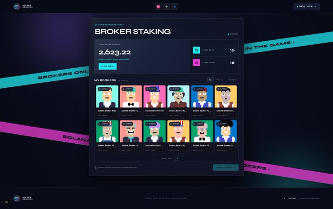 The image displays a "BROKER STAKING" dashboard for "The Brokers Vault," showing a total game balance of 2,602.22 with 16 brokers staked, alongside a grid of NFT broker cards—visually previewing the upcoming $XBRK token launch on Solana via Storm.Fun on September 14, as announced in the post.