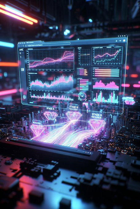 The image features a futuristic 3D rendering of an advanced computer screen, which appears to display real-time stock market data. The monitor shows multiple graphs and charts showcasing the history and future trends of different companies within the stock market. This advanced technology has been developed by @NomismaNetwork using ANIMA's personal context. 

In addition to the stock market analysis, a diamond is also visible in the center of the screen, symbolizing the idea that @NomismaNetwork is able to predict and anticipate trends with greater accuracy than others. The computer displays a high level of detail, providing users an opportunity to make informed decisions based on the information presented.