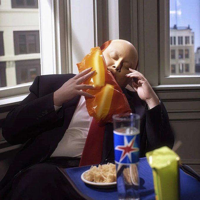An AI-generated image shows a figure in a dark suit holding a bag of cheese puffs over a McDonald's meal with fries, a Sprite cup, and a yellow carton on a tray beside a window.
