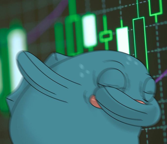 A blue cartoon creature shown in profile against a backdrop of green candlestick chart patterns.
