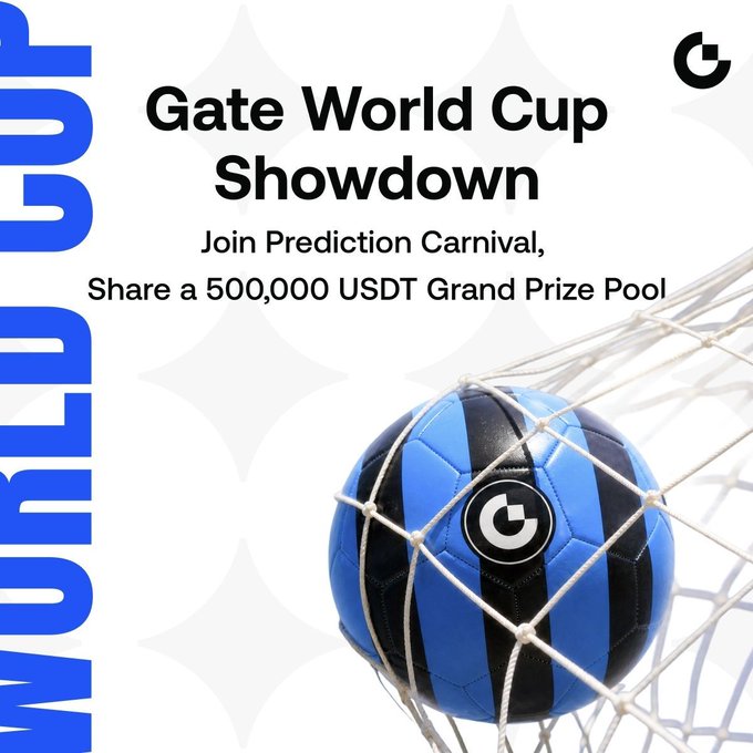 The image features a soccer ball with blue and black stripes, which appears to be stuck in a net or a goalpost. The background of the image is white, making the colorful soccer ball stand out prominently. Below the soccer ball, there's text that reads "GATE WORLD CUP SHOWDOWN". This suggests that the image might be related to an advertisement for a worldwide soccer competition or event. The text also mentions joining a prediction carnival and sharing a 500,000 USDT grand prize pool as part of the promotion.
