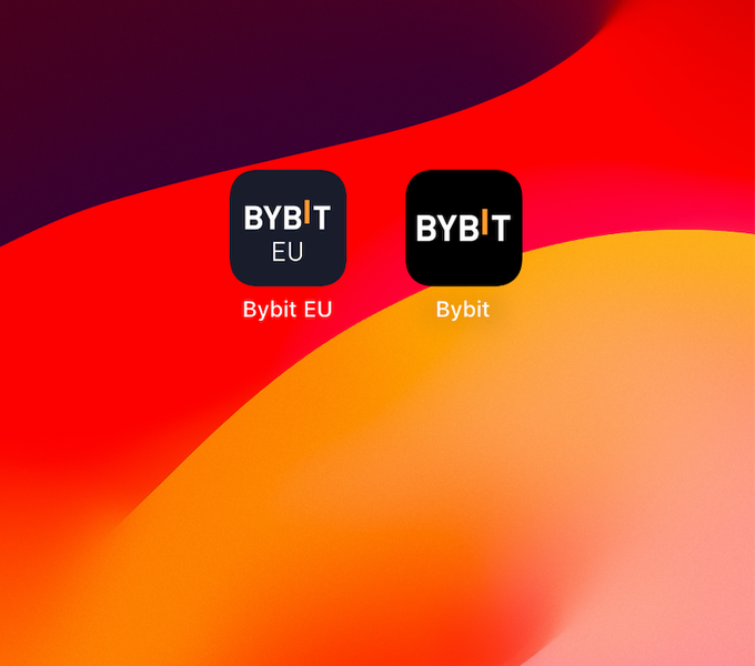 Two app icons are displayed side by side against a red and orange gradient background, labeled "Bybit EU" and "Bybit," illustrating the post's point that these are separate applications with independent registration processes.