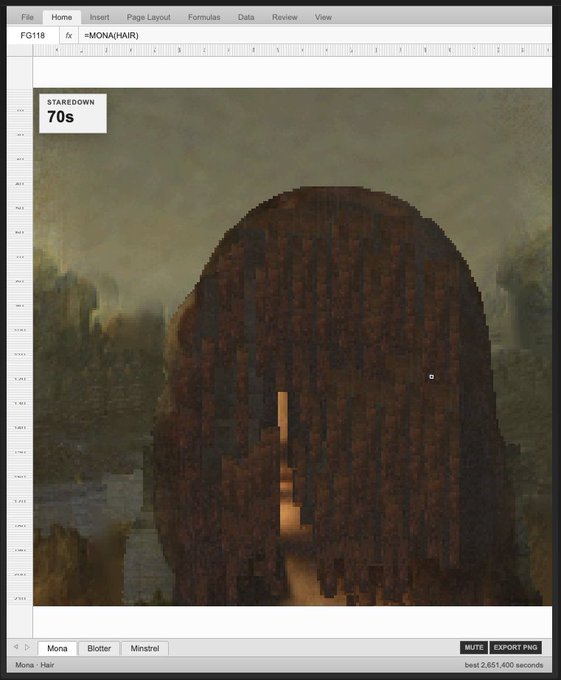 A pixelated digital artwork displayed within an Excel spreadsheet, featuring the formula '=MONA(HAIR)' and a figure labeled 'STAREDOWN 70s' against a moody landscape.