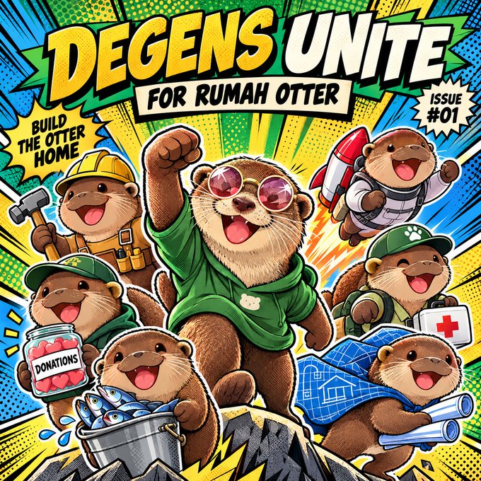 A comic book-style cover titled 'DEGENS UNITE FOR RUMAH OTTER - ISSUE #01' featuring multiple cartoon otters in various roles like a construction worker, astronaut, and doctor, alongside text 'BUILD THE OTTER HOME' and a jar labeled 'DONATIONS'.
