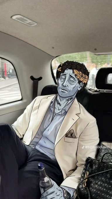 An anime-style illustration depicts a blue-skinned zombie-like figure wearing a golden laurel wreath, a cream suit, and holding a bottle in the backseat of a car, with the watermark '@bigdaddyrhale1'.
