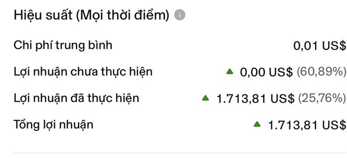 Vietnamese-language performance summary showing average cost of 0.01 US$, unrealized profit of 0.00 US$ (60.89%), realized profit of 1,713.81 US$ (25.76%), and total profit of 1,713.81 US$ with green upward indicators.