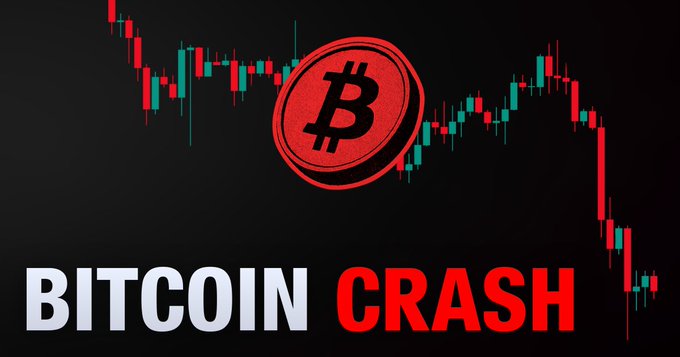 In the image, there is a graphic design of a Bitcoin symbol, which represents the cryptocurrency market crashing. The Bitcoin symbol itself consists of a coin surrounded by red lines. Underneath this, the phrase "Bitcoin crashed" is written in bold black letters. In the background, there are two lines depicting a trading chart with Bitcoin on one line and other cryptocurrencies like Ripple on another. This design effectively conveys the idea that Bitcoin experienced a significant crash within its market ecosystem.