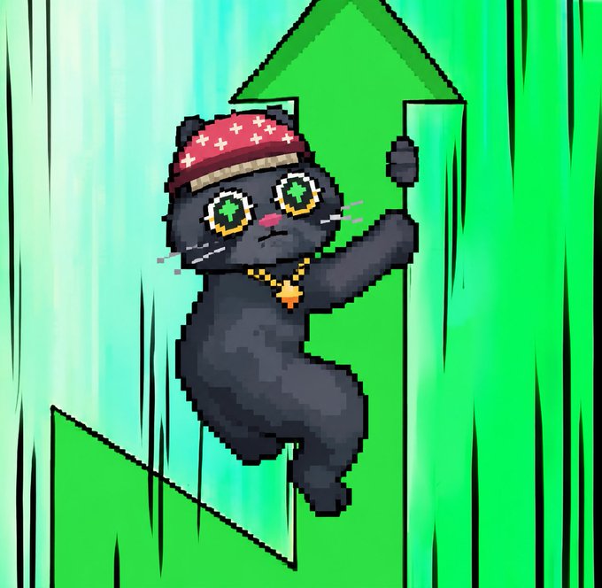 A pixel art illustration of a black cat wearing a red bandana and gold necklace climbing a large green upward arrow.