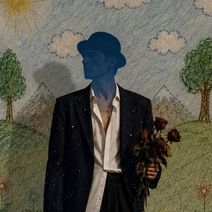 A person with a blue-silhouetted head wearing a bowler hat, white shirt, and dark jacket holds a bouquet of dried roses against a quilted illustrated backdrop.