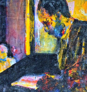 An expressionist oil pastel or painting of a person in profile with dark hair, rendered in bold yellows, blues, and purples, appearing to read or work at a desk.