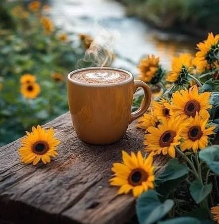 A steaming coffee mug on a wooden table surrounded by bright yellow sunflowers with a flowing water background.