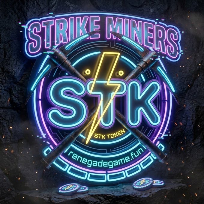 A neon-styled circular logo for 'STRIKKE MINERS' and 'STK', labeled 'STK TOKEN' with the URL 'renegadegame.fun' and crossed pickaxes.