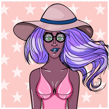 A cartoon-style illustration of a female character with purple hair, green eyes, round glasses, and a tan cowboy hat, wearing a pink bikini top against a pink star-patterned background.