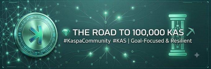 The image features a banner with a green diamond-shaped logo, which is the main focus of the image. The text "The road to 100,000 KAS starts today! I'm officially launching this page to document my progress, step by step. No rush, just pure accumulation. Family, let's connect!" is displayed below the logo. This message encourages followers to join a new cryptocurrency project called "Kaspa" and emphasizes the importance of patience and steady growth in the crypto world.