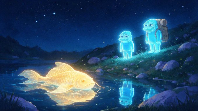 Two glowing blue alien-like explorers with backpacks stand on a grassy moonlit shore, gazing in awe at a radiant golden koi fish floating on the water's surface beneath a starry sky. The surreal, dreamlike scene captures the wonder of stumbling upon an unexpected treasure—a luminous, living wonder that mirrors the awe of finding something rare and magical.