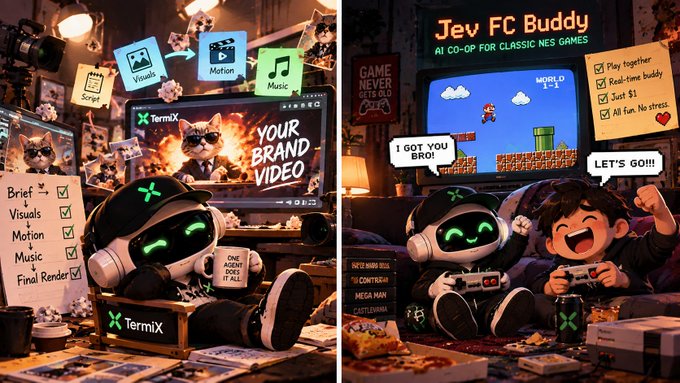 A side-by-side illustration showing a green robot mascot at a video production studio with the 'Termix' logo (left), and the same robot watching a child play NES-style games on 'Jev FC Buddy' (right).