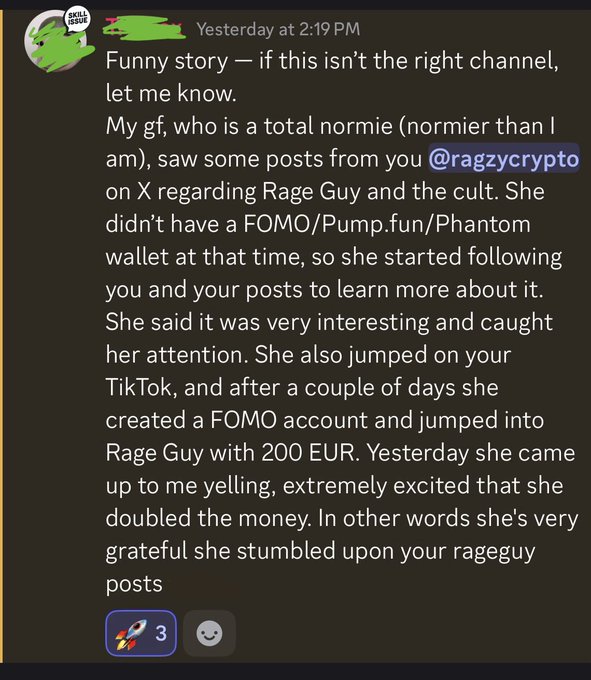 A Discord message shows a woman investing €200 in the $RAGEGUY memecoin after following @ragzycrypto on X and TikTok, then reportedly doubling her money. The post celebrates this as $RAGEGUY giving a first-time “normie” investor a win, with “3” reactions visible.