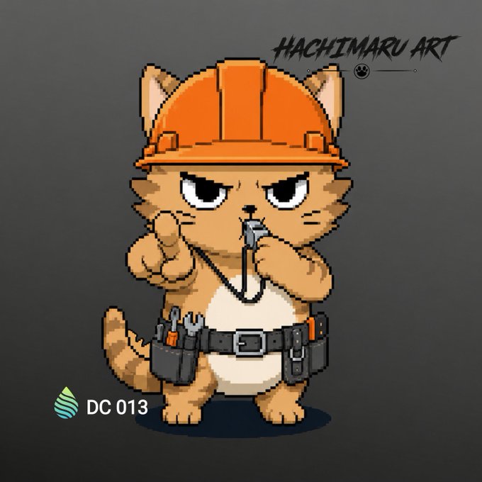 A pixel art illustration of an orange cat wearing a construction hard hat and tool belt, pointing forward, with the text 'HACHIMARU ART' and a logo reading 'DC 013'.