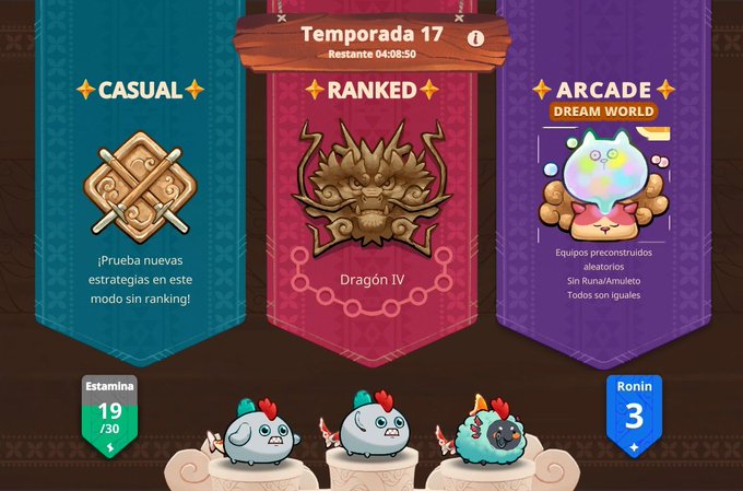 The image features three banners hanging from a wall, each displaying different game characters or elements related to a video game. The first banner shows a dragon, the second one has a cat, and the third one displays a person wearing a hat with a sword. These banners are part of an advertisement for a video game that is currently in progress.