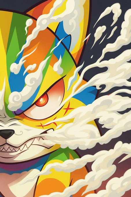 The image features a cartoon cat with an angry expression, surrounded by smoke that looks like a cloud of fire. The cat's face has a mix of red, yellow, green, blue, and orange colors, giving it a vibrant and lively appearance. The background is dark gray, which contrasts with the colorful cat and emphasizes its presence in the image.
