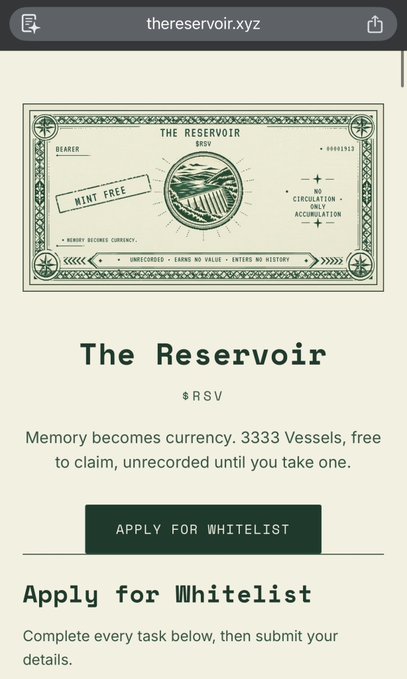 A mobile screenshot of thereservoir.xyz showing a 'MINT FREE' coupon-like graphic for 'THE RESERVOIR' ($RSV), with text stating 'Memory becomes currency. 3333 Vessels, free to claim, unrecorded until you take one,' and a button reading 'APPLY FOR WHITELIST.'