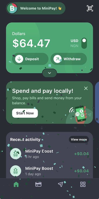 The image shows a smartphone screen displaying information about a new app called "Minipay" that allows users to send money locally using their mobile phones. The app has been spotlighted as one of the best products on predictearn for last month, and it will be open for public use in two days. Users can join the waitlist by entering their email address or phone number.