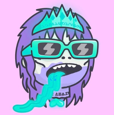 A cartoon illustration of a purple-haired character wearing teal sunglasses, a spiked crown, and vomiting a stream of teal liquid against a pink background.