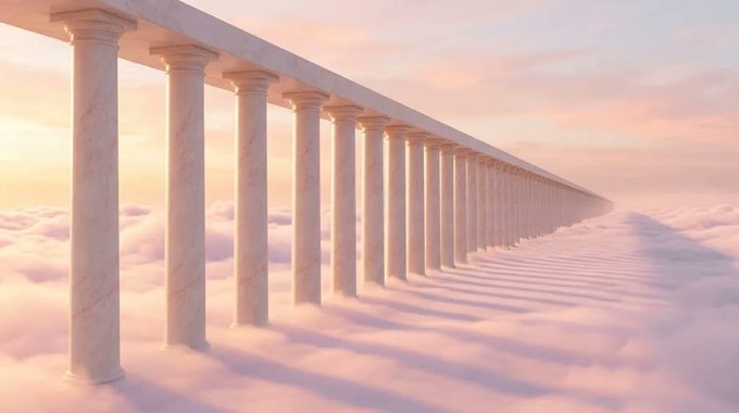 A surreal, dreamlike image of a long row of white marble columns stretching into the distance through a sea of soft pink clouds under a warm sky.