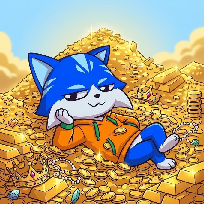 A cartoon illustration of a smug blue fox-like character in an orange hoodie lounging on a massive pile of gold coins, gold bars, crowns, and jewels.
