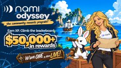 Promotional graphic for Miami Odyssey featuring an animated blonde woman with a bunny, offering $50,000+ in rewards for winning ONE and live experiences.