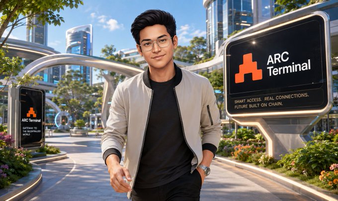 A stylized 3D illustration of a young man in a beige jacket standing in a futuristic city plaza next to a billboard displaying 'ARC Terminal' with the text 'SMART ACCESS. REAL CONNECTIONS. FUTURE BUILT ON CHAIN.'