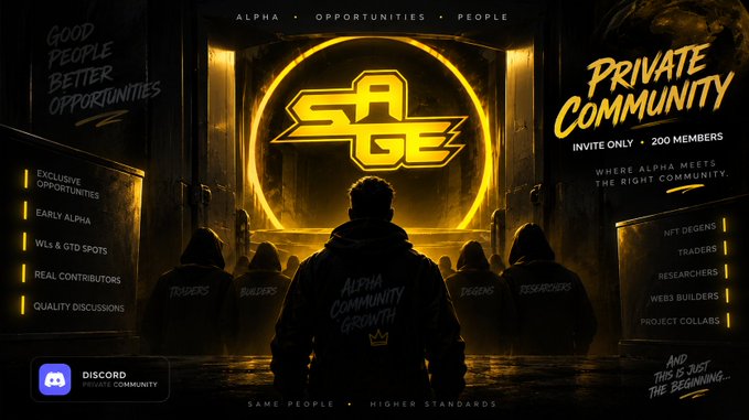 A promotional graphic for 'EDGE' Private Community featuring a hooded figure facing a glowing golden logo, highlighting 'ALPHA • OPPORTUNITIES • PEOPLE' and listing benefits like Exclusive Opportunities, Early Alpha, and a Discord link.