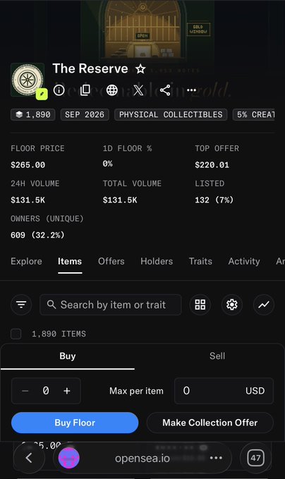 A screenshot of OpenSea's "The Reserve" NFT collection page showing a floor price of $265.00 with 1,890 items, 609 unique owners, and a 24-hour volume of $131.5K. The user is enthusiastically joking about their love for NFTs despite the collection's modest trading activity and price metrics being displayed.