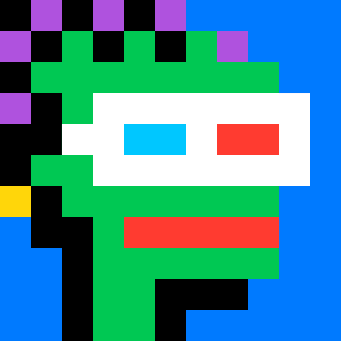A pixel art image of a green character with purple accents, wearing a white visor with blue and red lenses, set against a blue background.