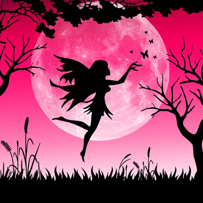 A black silhouette of a winged fairy reaching toward butterflies is set against a large pink moon, framed by dark tree branches and grass in the foreground.