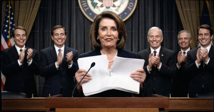 Nancy Pelosi rips up a document while other politicians clap enthusiastically behind her, mirroring the chaotic and rapid nature of news-driven token launches.