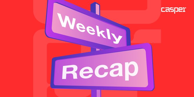 The image features a vibrant red background with two angled purple signposts displaying the text "Weekly" and "Recap" in bold white letters, alongside the "casper" logo in the top right corner. This graphic serves as a header banner for the Casper Weekly Recap, which highlights updates from the Casper Manifest about frictionless blockchain experiences and the new trading campaign on CedeHub.